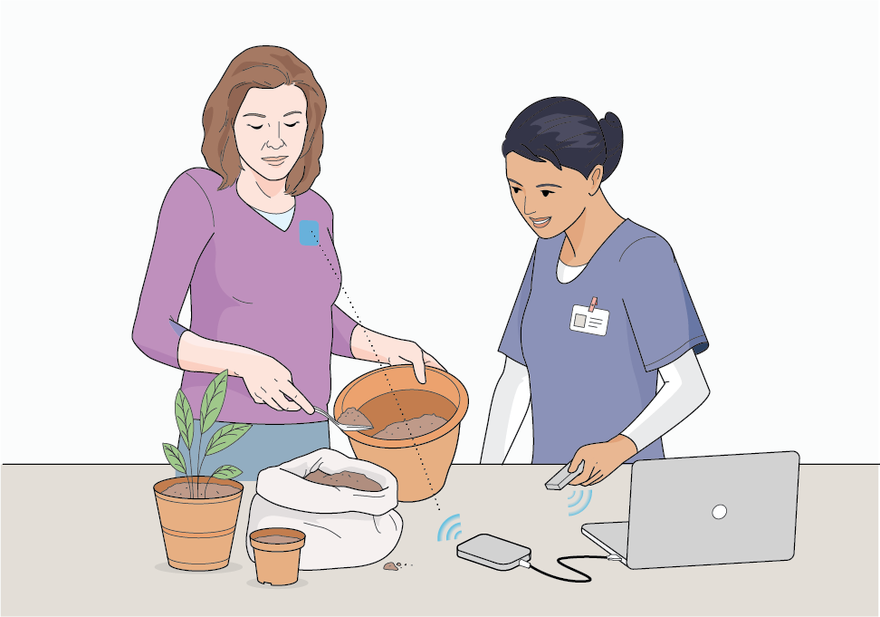 Illustration of a therapist in scrubs using a laptop and handheld device while a woman plants in pots with soil on a table.