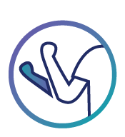 Illustration of a flexed arm with a bent elbow inside a circular blue and teal gradient border.