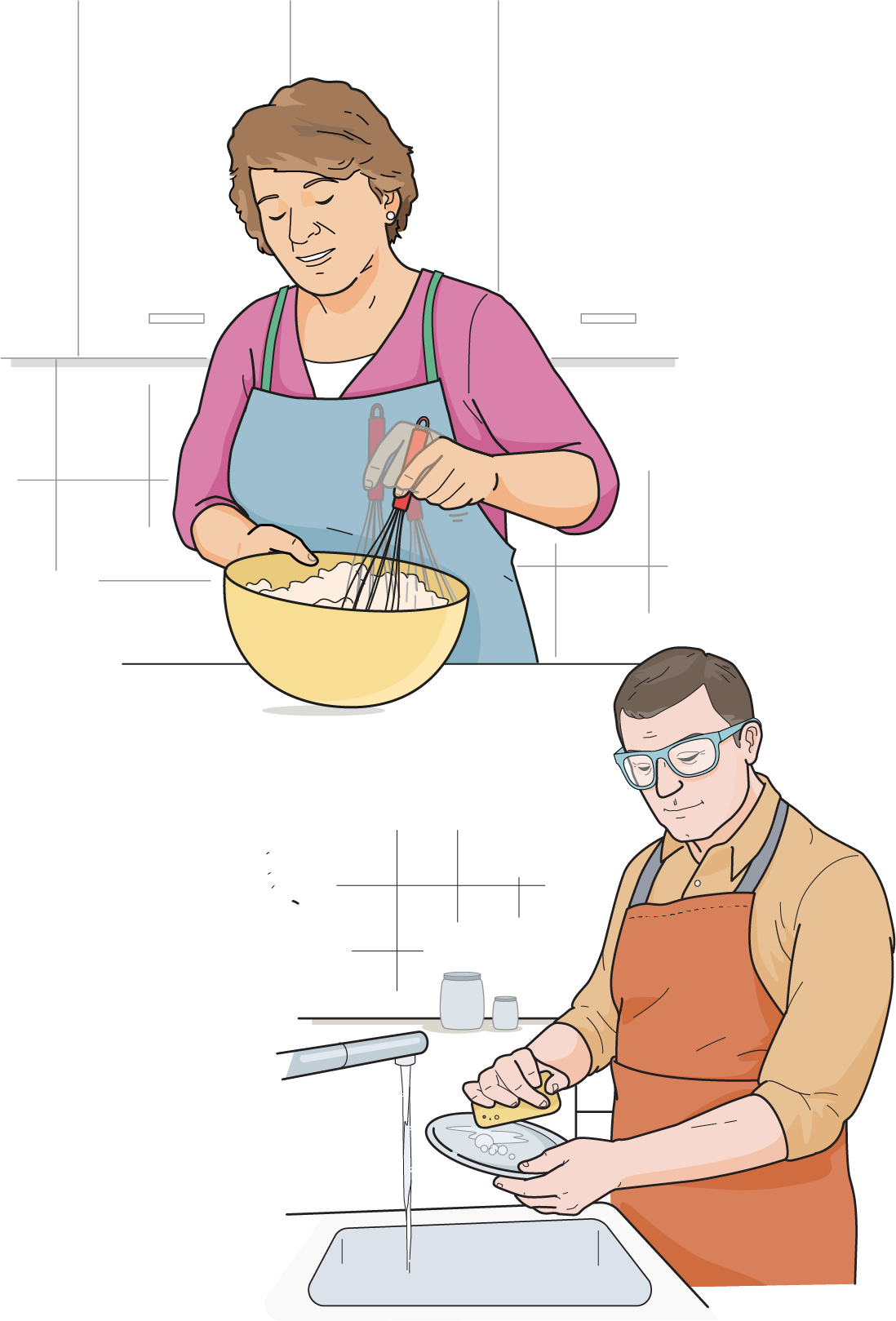 Illustration of two people in a kitchen: the upper image shows a woman whisking ingredients in a large bowl, and the lower image shows a man wearing glasses washing dishes at a sink.